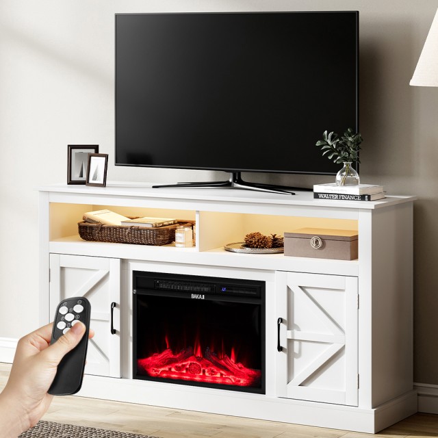 BAKAJI Λευκό Έπιπλο TV με Ενσωματωμένο Τζάκι με 3D Εφέ Φλόγας 148 x 40 x 81,5 cm και Τηλεχειριστήριο Φώτα RGB 02842735