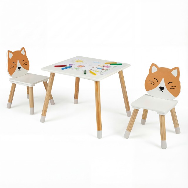Costway Παιδικό τραπέζι με 2 καρέκλες, σετ γραφείου με ξύλινα πόδια, λευκό, 44 x 50 x 50 cm HY10425HS