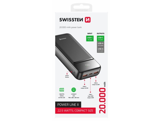 SWISSTEN Φορητός Φορτιστής POWER LINE II 20000 mAh, Μαύρο 8595217490628