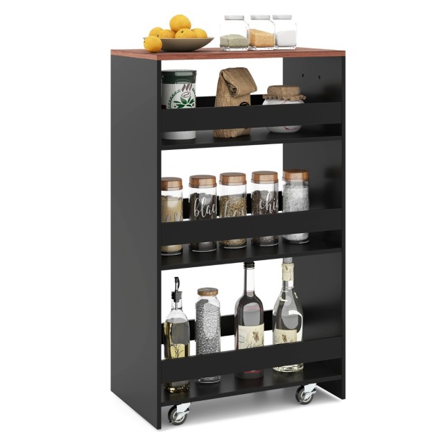 Costway 30εκ. Φαρδύς Εργονομικός Τροχήλατος Ράφι Κουζίνας με Λαβή & Κάγκελα, 4 Επιπέδων, Μαύρο + Vintage, 80,5 εκ. x 47,5 εκ. x 30 εκ. JV13257HS