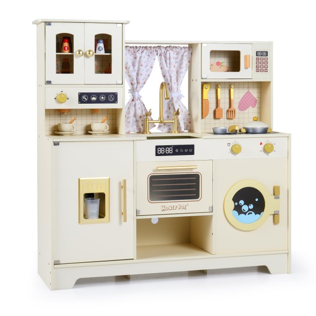 Costway Παιδική Παιχνίδι Κουζίνα με Εστίες, Νεροχύτη και Καφετιέρα, Μπεζ 96 x 32 x 95 cm TM10213WH