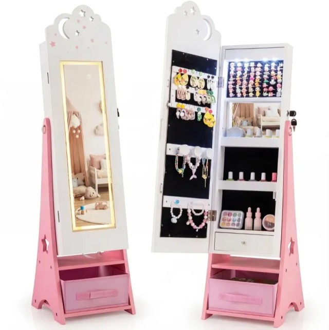 Costway Λευκός Παιδικός Όρθιος Οργανωτής Κοσμημάτων με Φωτισμό και Ολόσωμο Καθρέφτη 117,5 x 30,5 x 30,5 cm HY10480DE-WH