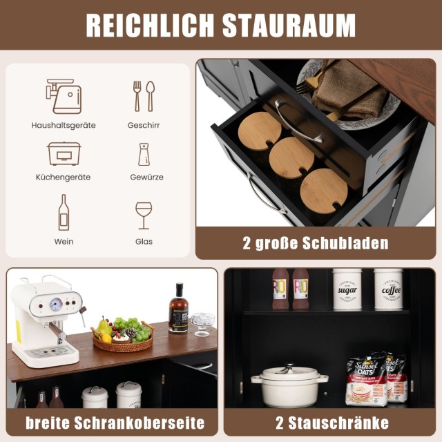 Costway Πλαϊνή Ντουλάπα με Πάγκο & Πόρτες & Συρτάρια & Ρυθμιζόμενα Ράφια Κουζίνας Μαύρη JV11059BK