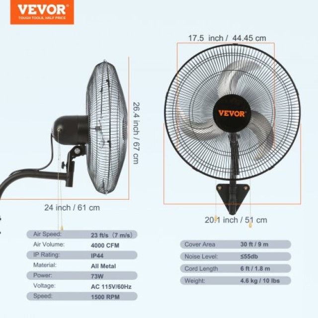 VEVOR Μεταλλικός Ανεμιστήρας Τοίχου 44.5cm με 3 Ταχύτητες  GYBGSFSYCSF18BWP2V2