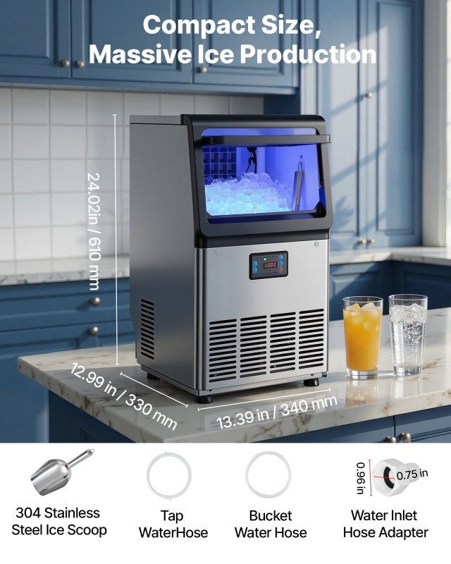 VEVOR Επαγγελματική Μηχανή Παγοκύβων 41 kg/24h, Χωρητικότητα 6 kg, Ανοξείδωτη, Πάγκου/Ελεύθερης Τοποθέτησης/Κάτω από Πάγκο, με LED Οθόνη και Αυτόματο Καθαρισμό YTSZBJPZGSHS4S2GZ001V2