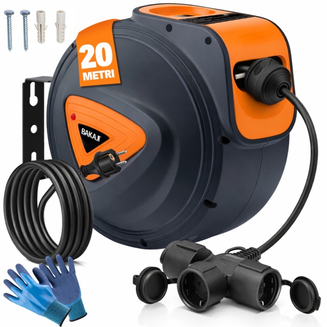 BAKAJI Περιστρεφόμενο Καλώδιο Ρεύματος 20 Μέτρων με 180° Περιστροφή και Πολύπριζο 3 Θέσεων + Γάντια 02001720