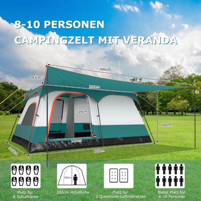 Costway Ευρύχωρη Οικογενειακή Σκηνή Camping με 2 Δωμάτια και Βεράντα, Αδιάβροχη με Εξαιρετικό Αερισμό και Εύκολη Συναρμολόγηση NP12016GN-L