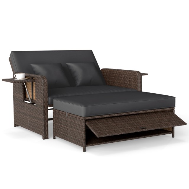Costway Σετ Επίπλων Κήπου Lounge 3 σε 1 από Rattan με Σκαμπό και Καναπέ-Ξαπλώστρα, Μαύρο, 55–88 x 70–111 x 166-122 cm HW75162DK+