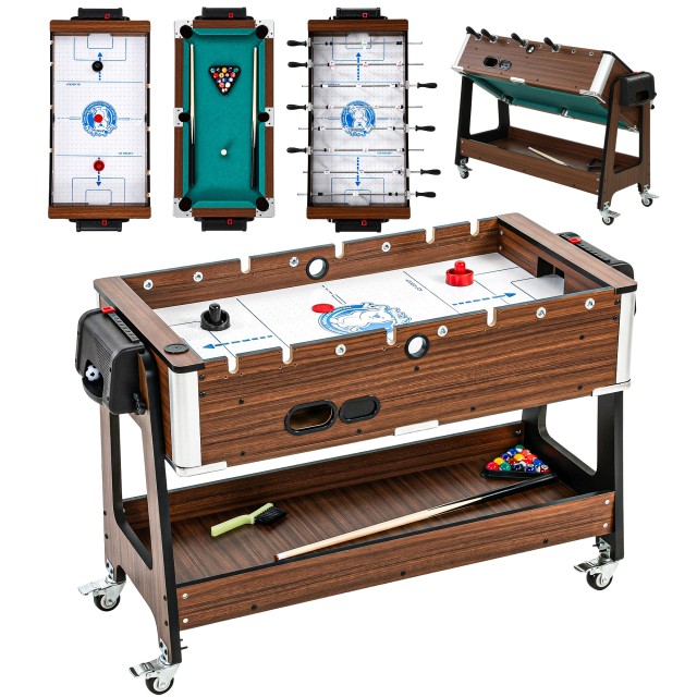 SPORTNOW Τραπέζι 3 σε 1 Air Hockey, Μπιλιάρδο & Ποδοσφαιράκι με Κλειδωτούς Τροχούς και Ράφι A70-131V90WN