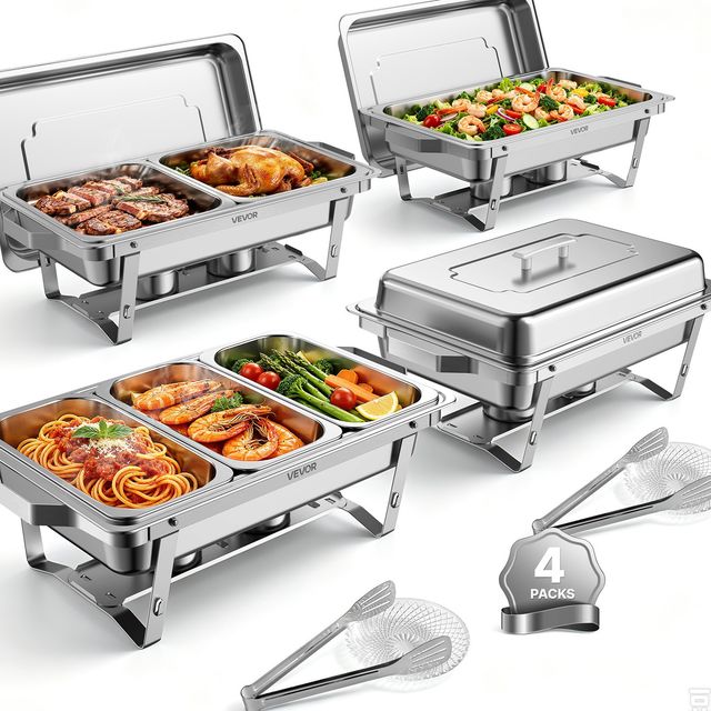 VEVOR Σετ 4 Σκευών Chafing Dish Μπουφέ 8,5L από Ανοξείδωτο Ατσάλι, Ορθογώνιο, με 2 Full, 2 Half, 3 Third Δίσκους, Θήκες Καυσίμου, Λαβίδα και Γυάλινη Επιφάνεια ZFXCLBXGGQCCK5O2F001V0
