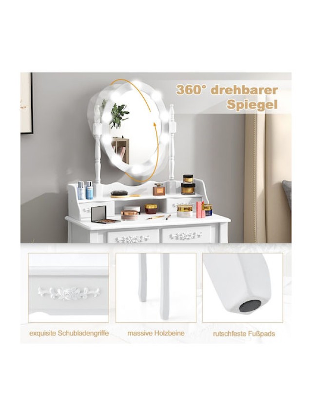 Costway Τουαλέτα Μακιγιάζ με LED Φωτισμό Ρυθμιζόμενης Φωτεινότητας με 4 Συρτάρια Λευκή HU11087DE-WH