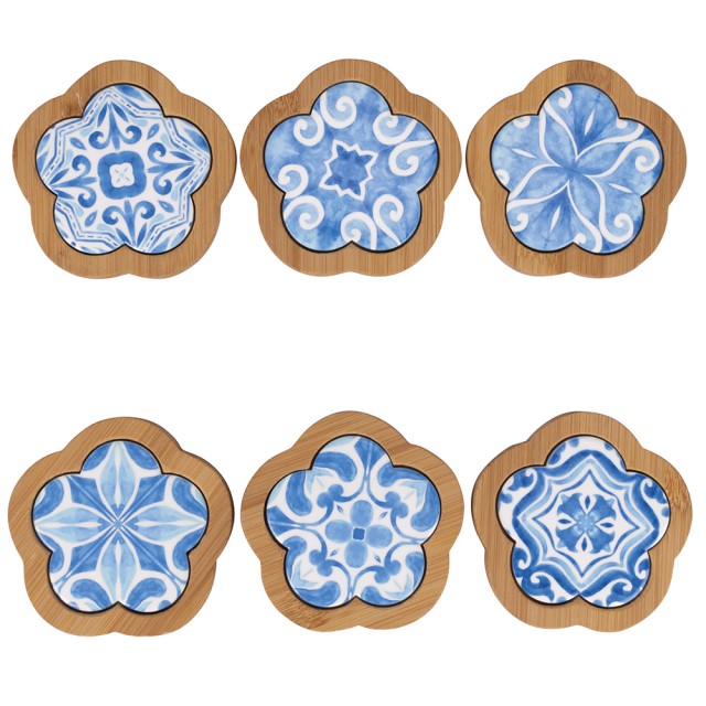 Villa DEste  Σετ 6 τμχ Διακοσμητικό κεραμικό πλακίδιο με μπαμπού περίγραμμα σχέδιο λουλουδιού Aquazul 5900662