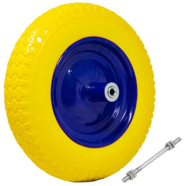 BAKAJI Κίτρινος Συμπαγής Αντιδιατρητικός Τροχός PU για Καρότσι 35cm + Κοντός Άξονας 170mm Ατσάλι 02839109