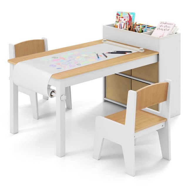 Costway Σετ Καλλιτεχνικού Τραπεζιού και Καρεκλών για Παιδιά με Ρολό Χαρτιού και Αποθηκευτικούς Χώρους HY10355NA