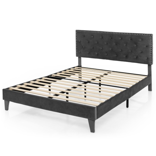 Costway Γκρι Υφασμάτινο Διπλό Κρεβάτι 200x180 cm με Σκελετό και Κεφαλάρι HU10380GR-K