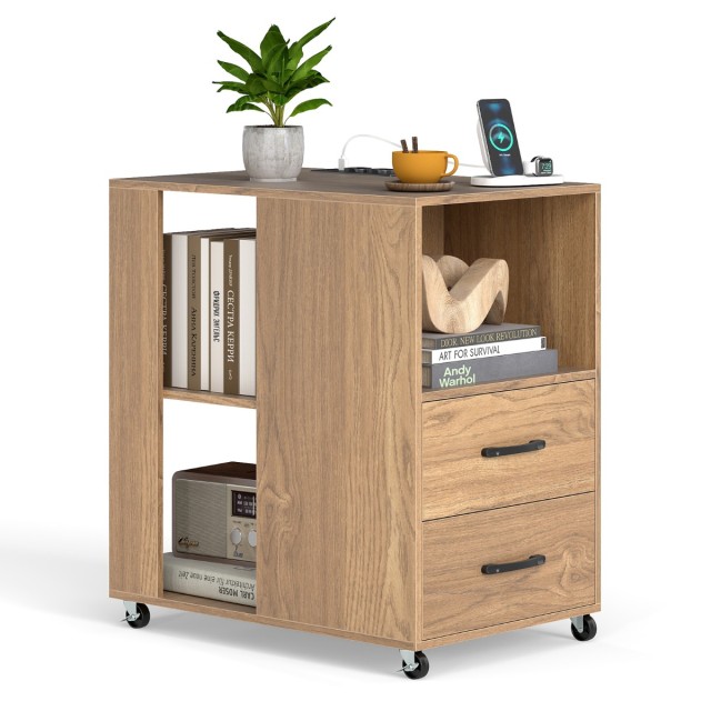 Costway Τροχήλατο Κομοδίνο 65,5 x 40 x 60 cm με Συρτάρι & Ράφια σε Φυσικό Χρώμα JV12763DE-NA