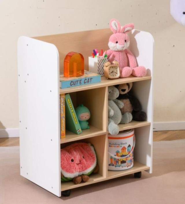 Costway Τριώροφο Παιδικό Βιβλιοστάσιο με Ρόδες Διπλής Όψης & Αποθηκευτικό Καρότσι Λευκό 83x62,5x40 cm TP10442WH