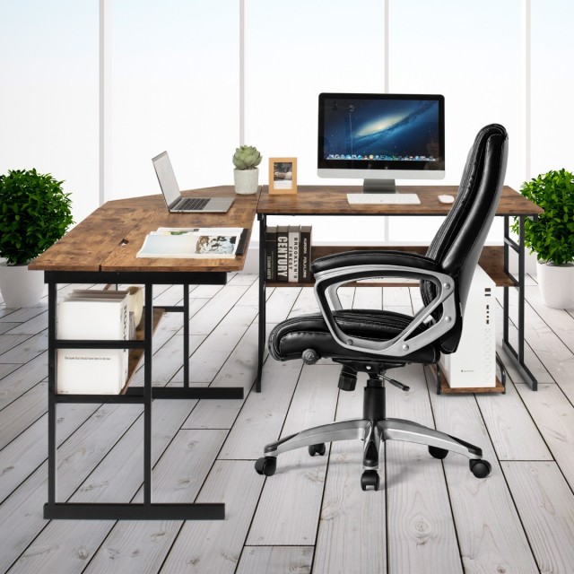 Costway Γραφείο Υπολογιστή Γωνιακό L-Σχήματος 170 x 150 x 75 cm  με Ρυθμιζόμενη Επιφάνεια και Ανοιχτά Ράφια Αποθήκευσης HW66803CF+