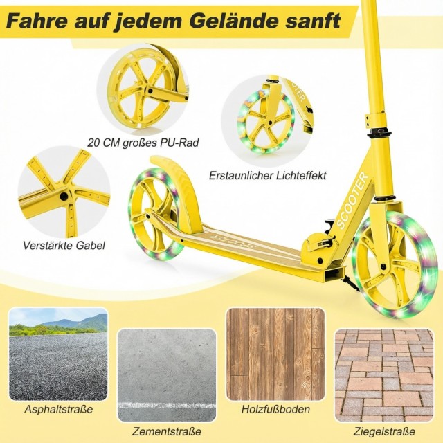 Costway Πτυσσόμενο πατίνι με 2 τροχούς LED, ρυθμιζόμενο ύψος, αντοχή έως 100 κιλά, κίτρινο, 96 x 35 x 88 cm SP38153YW