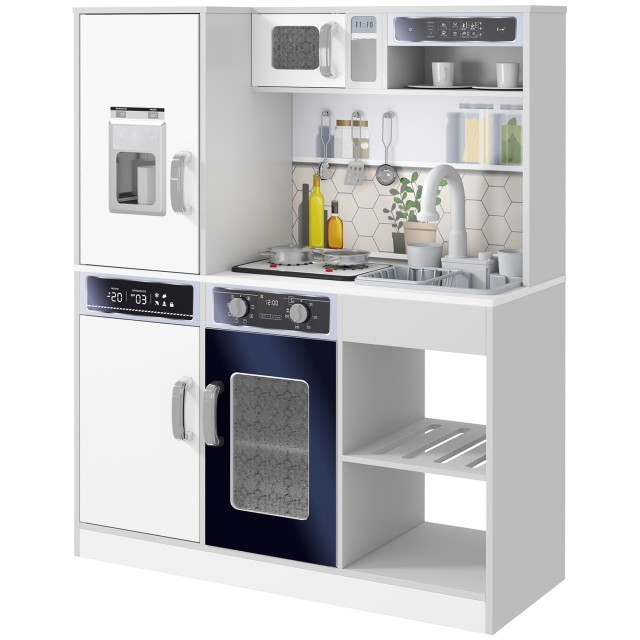 AIYAPLAY Σετ Ξύλινη Παιδική Κουζίνα με Φούρνο με Φώτα και Ήχους, Νεροχύτη με Κυκλοφορία Νερού και Αξεσουάρ, Λευκό 350-173V80WT