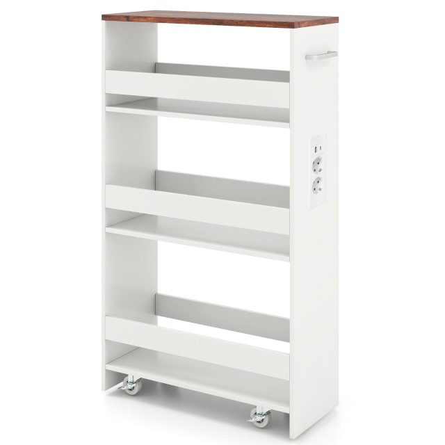 Costway Λεπτό Trolley  Αποθήκευσης με Σταθμό Φόρτισης 80,5 x 20 x 47,5 cm, 4 Επίπεδα, Ρολλάρει για την Κουζίνα, με Λαβή, Ρουστίκ Καφέ JV11646DE-CF
