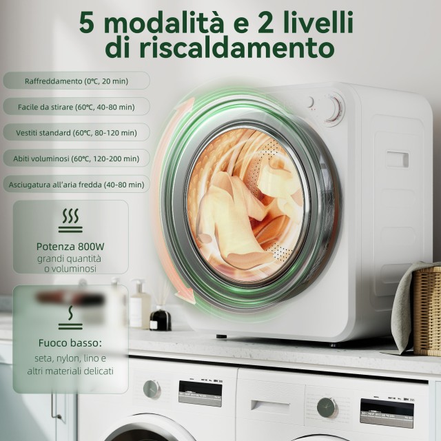 HOMCOM Μίνι Φορητό Στεγνωτήριο 2,5 kg, 5 Προγράμματα, 800/400W, Εμπρόσθια Φόρτωση, Λευκό B61-018V90WT