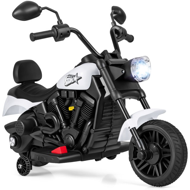 Costway Παιδική Ηλεκτροκίνητη Μοτοσικλέτα Chopper 6V με Μουσική, Προβολέα, Ποδοπεντάλ και 2 Βοηθητικές Ρόδες, Λευκή, 57 x 52 x 83 cm TQ10456DE-BS