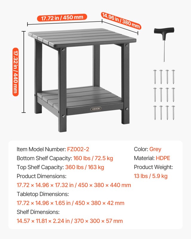 VEVOR Δίπατο Γκρι Πλαϊνό Τραπέζι Εξωτερικού Χώρου από HDPE HWBZHDPEJXZMOR2RE001V0