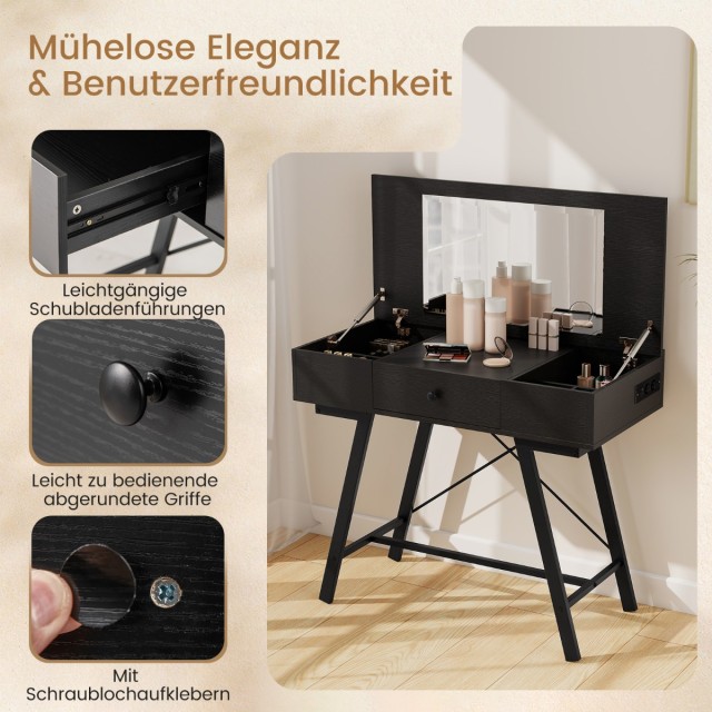 Τραπέζι Μακιγιάζ με Μεγάλο Καθρέφτη και Φορτιστή 96,5 × 46,5 × 80,5cm Μαύρο HU11085DE-DK Costway