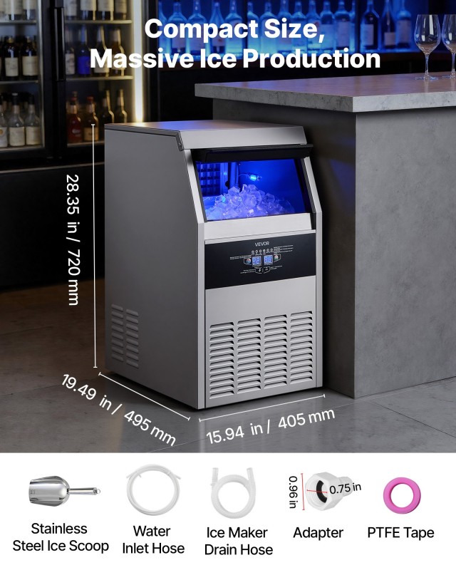 VEVOR Επαγγελματική Παγομηχανή 59kg/24h με Αποθήκευση 14kg Ανοξείδωτη με LED Οθόνη και Αυτόματο Καθαρισμό YTSZBJFB130LLID9H001V2