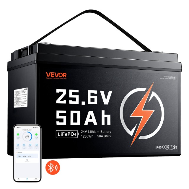 VEVOR Μπαταρία LiFePO4 24V 50Ah 1280Wh με BMS 50A, Bluetooth και Προστασία Χαμηλής Θερμοκρασίας 24VLDCYLY50A1CZ68001V9