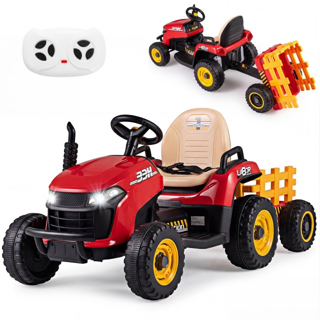 Costway Ηλεκτρικό παιδικό τρακτέρ 24V με ρυμουλκούμενο, τηλεχειριστήριο 2,4G και κόρνα, κόκκινο, 56 x 59 x 139 cm TQ10529DE-RE