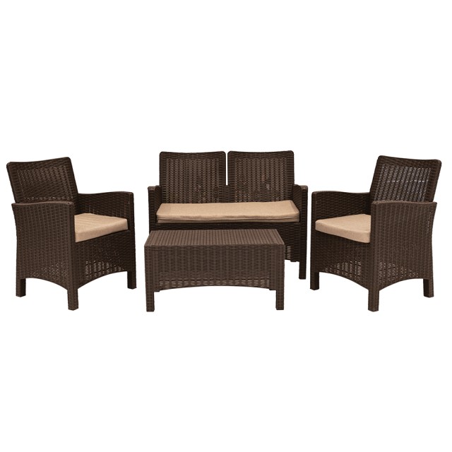 Galileo Σετ κήπου 4 θέσεων με μπεζ μαξιλάρια από πλαστικό PP σε καφέ απόχρωση rattan Malaga Est 5911054