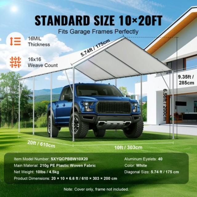 VEVOR Ανταλλακτική Καλύπτρα 10x20 ft για Στέγαστρο Αυτοκινήτου, Αδιάβροχη & UV Προστασία, Λευκή CKPB10X20FTB3Z2RRV0