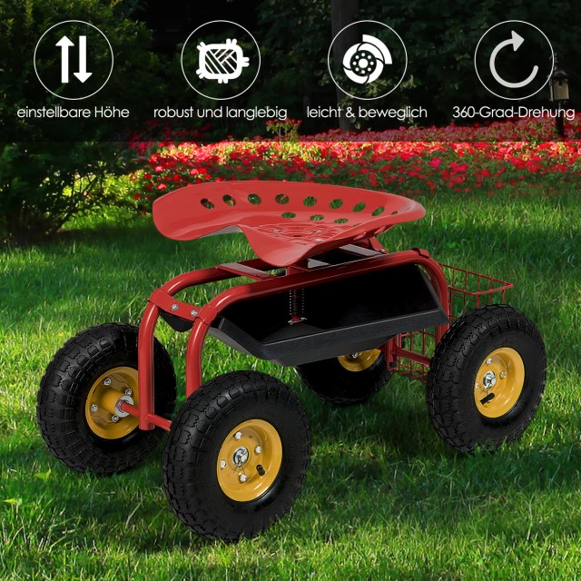 Περιστρεφόμενος Κήπος Καθιστικό με Ρόδες και Ρυθμιζόμενο Ύψος 81 x 44,5 x 46-53cm Κόκκινο GT3449RE Costway