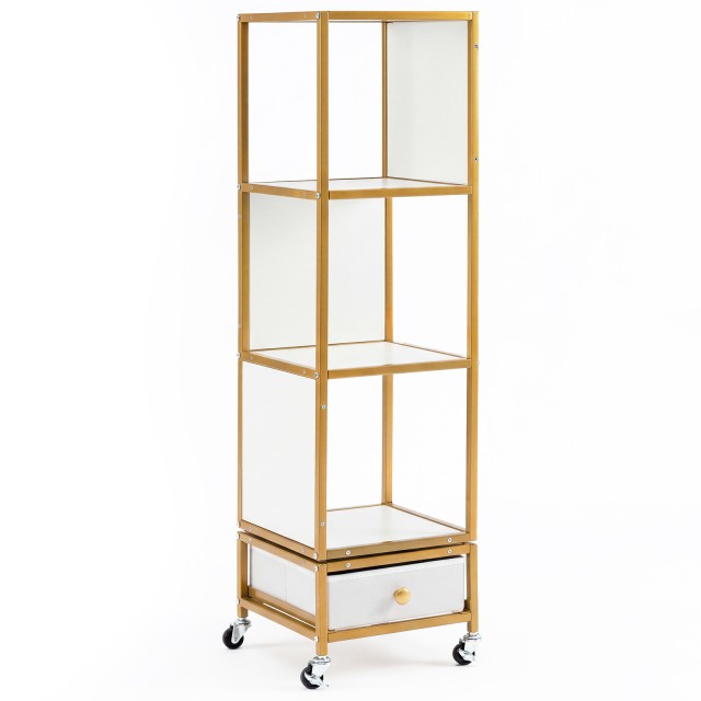 Costway Λευκή βιβλιοθήκη 4 επιπέδων με ρόδες, ξύλινη επιφάνεια και υφασμάτινο συρτάρι, 111 x 30 x 30 cm JV13976WH