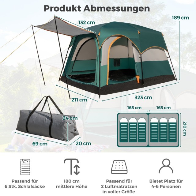 Costway Οικογενειακή Σκηνή 6 Ατόμων με Διαχωριστικό & Αντίσταση στη Βροχή NP11366GN
