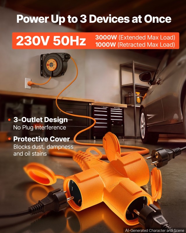 VEVOR Μηχανισμός καλωδίου προέκτασης 10 m 16AWG/3C πορτοκαλί, επιτοίχια/οροφής, με προστασία υπερθέρμανσης, αυτόματη επανατύλιξη, τριπλή πρίζα και βάση 180° KSSSJXQCS10MBDIWS001V2