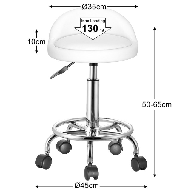 Περιστρεφόμενο Τροχήλατο Σκαμπό 360° με Επενδυμένο κάθισμα και Ατσάλινη Βάση ⌀45 x 58 - 73,5 cm Λευκό 02839345 BAKAJI