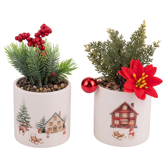 Villa DEste Σετ 4τμχ  Χριστουγεννιάτικο τεχνητό φυτό σε κεραμικό δοχείο Winter Village 5921377