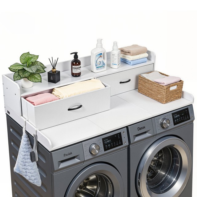 VEVOR Κορυφή Πλυντηρίου και Στεγνωτηρίου με Ράφι, 137 x 69,9 cm Ξύλινη Επιφάνεια με 2 Συρτάρια & Γάντζους, Λευκή XYTM54YCBSMZDOZN8001V0