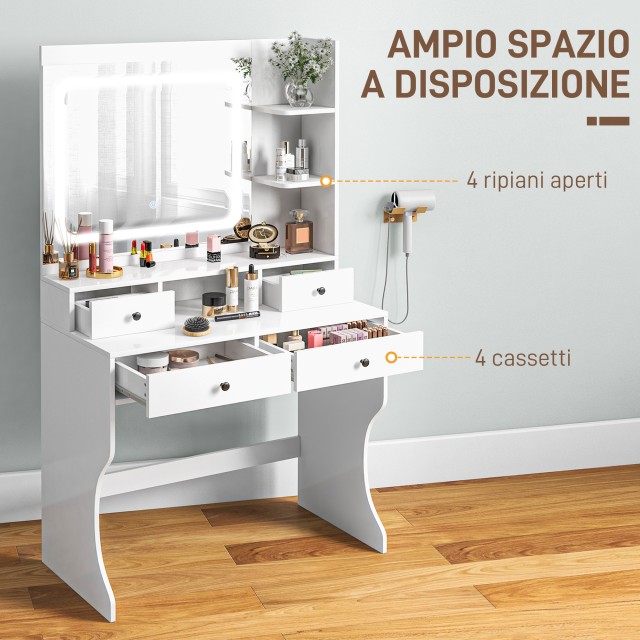 HOMCOM Τουαλέτα Μακιγιάζ με Φώτα LED 3 Αποχρώσεις και Καθρέφτη  Θύρες USB  4 Συρτάρια και Ράφια  90x45x160cm  Λευκό 831-776V90WT