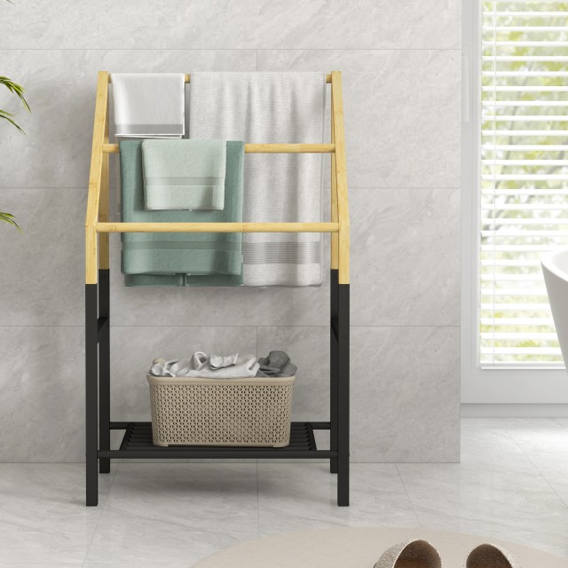 HOMCOM Επιδαπέδια Κρεμάστρα Πετσετών με 3 Μπάρες και Κάτω Ράφι από Μπαμπού και Ατσάλι 51x31x85.5 cm Μαύρο και Ξύλινο Χρώμα 850-3