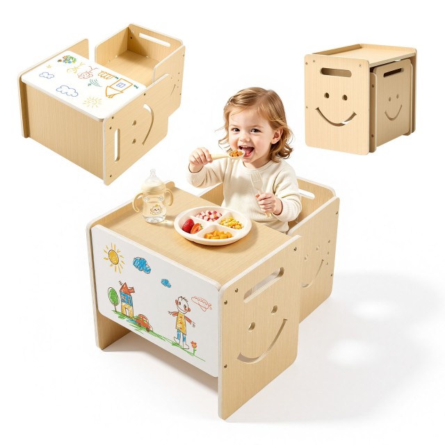VEVOR Ξύλινο Σετ Τραπεζιού και Καρέκλας Montessori για Παιδιά 1-5 Ετών, Ρυθμιζόμενο σε 3 Ύψη, με Σκαλοσκαμνί και Πίνακα Τύπου Whiteboard ETDNZYTZYZYYBXFXX001V0