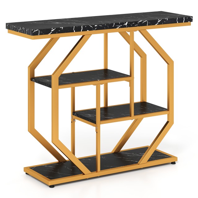 Costway Μοντέρνο τραπέζι κονσόλα εισόδου 100 εκ. με 4 επίπεδα, ράφια και επιφάνεια από τεχνητό μάρμαρο, μαύρο, 80 x 100 x 29,5 cm JV13295DK