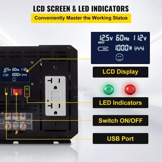 VEVOR Μετατροπέας Ρεύματος Τροποποιημένου Ημιτόνου 5000W 12V σε 110V με LCD ZNB5KW12-110CFPDYV9