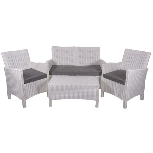 Galileo Σετ κήπου 4 θέσεων με γκρι μαξιλάρια από πλαστικό PP με όψη λευκού ρατάν Malaga Est 5911051