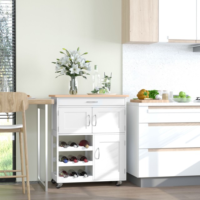 HOMCOM White Wood Kitchen Cart food with Bottle Rack 1 συρτάρι και 3 πόρτες, 67x37x87cm 801-179