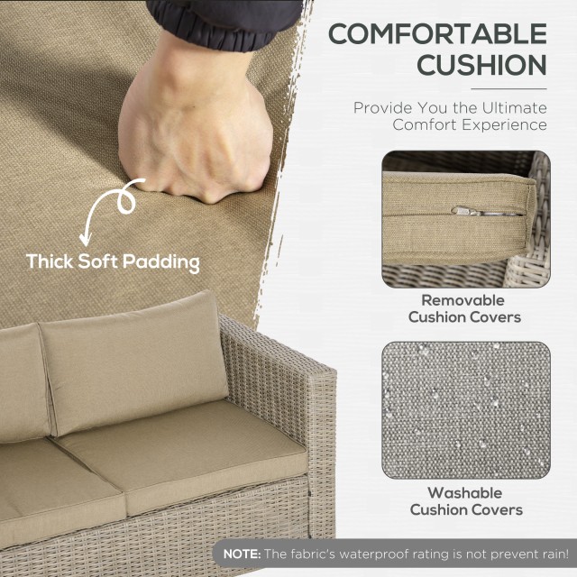 Σετ Έπιπλα Κήπου Outsunny 4 τεμαχίων σε PE Rattan, Σαλόνι εξωτερικού χώρου με 1 Καναπέ, 2 Πολυθρόνες, 1 Τραπεζάκι σαλονιού και Αποσπώμενα και Πλενόμενα Μαξιλάρια, Χακί και Μπεζ 860-211