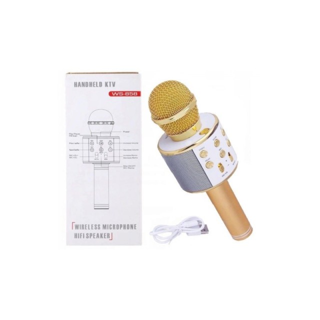 Ασύρματο Μικρόφωνο Καραόκε Bluetooth με Ενσωματωμένο Ηχείο Χρώματος Χρυσό SPM WS858-Gold